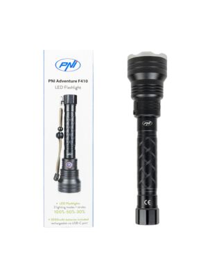 Hliníková baterka PNI Adventure F410 s LED 10 W, 700 lumenov, dosah až 250 m, IP44, USB Type C, akumulátory 3000 mAh v