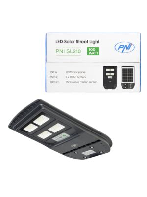 PNI SL210 6,5W lampa pouličného osvetlenia PNI SL210 6,5W, so zabudovaným solárnym panelom 10W, 6500K, 1000lm, 2 x zabudovaná batéria 10Ah,
