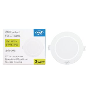 LED bodové svietidlo PNI D-Light CL2503 3W, zápustné, okrúhle, 90,5*28mm, 6400K, napájanie 230V, 330 lm, biele