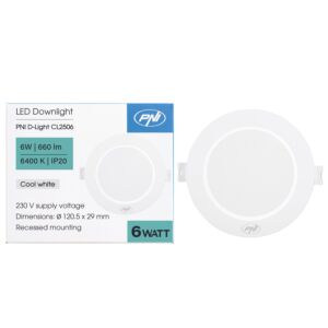LED reflektor PNI D-Light CL2506 6W, zápustný, okrúhly, 120,5*28,4mm, 6400K, napájanie 230V, 660 lm, biely