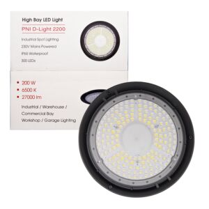 LED svietidlo PNI D-Light 2200 typ High Bay, 200W, 27000lm, 6500K, napájanie 230 V, IP65, pre priemyselné osvetlenie v kúpeľoch