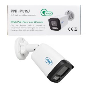 Kamera na video dohľad PNI IP515J POE, 5MP bullet, 2,8 mm, pre vonkajšie použitie, obojsmerný zvuk, biela Popis fotografie