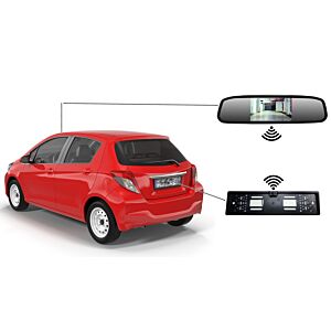 Bezdrôtový parkovací systém PNI Escort P25S s 4,3-palcovým displejom v spätnom zrkadle a kamerou v držiaku evidenčného čísla.