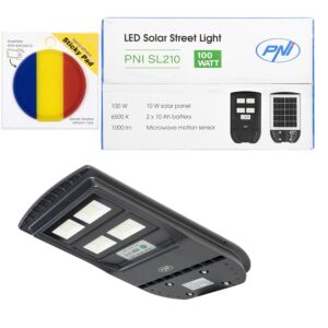 Sada pouličných svietidiel PNI SL210 100W so vstavaným 10W solárnym panelom a samolepiacou podložkou.