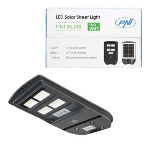 PNI SL210 6,5W lampa pouličného osvetlenia PNI SL210 6,5W, so zabudovaným solárnym panelom 10W, 6500K, 1000lm, 2 x zabudovaná batéria 10Ah,