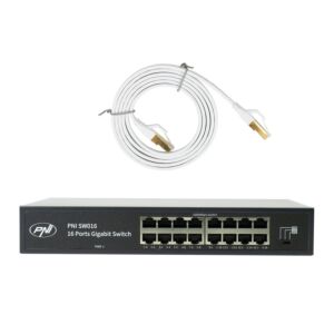 Prepínač PNI SW016, 16 x 10/100/1000 Mbps, Gigabit, kovové puzdro a 1,5 m CAT8 patch PNI U8015W