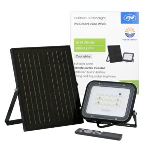 PNI GreenHouse WS50 50W LED reflektor so solárnym panelom, 6000mAh batériou, diaľkovým ovládaním, časovaním a nastaviteľným jasom,