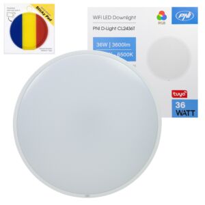Stropné svietidlo PNI D-Light CL2436T s Wi-Fi LED osvetlením, RGBW, 36 W, stmievateľné s modrou lepiacou podložkou v balení.