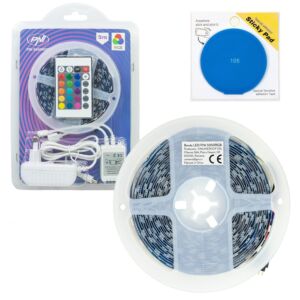 Balíček LED pásov PNI 5050RGB obsahuje 300 LED, RGB, stmievateľné, svetlá, 5 metrov, IP20 a Sticky Pad Blue